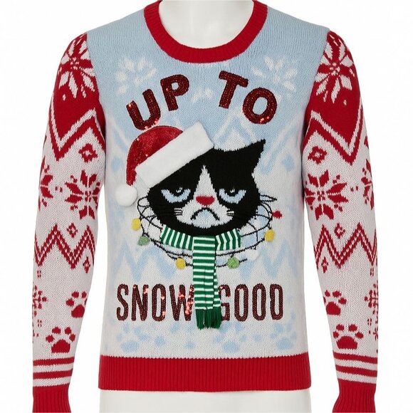 No Boundaries Tops - Bad Cat Womens Size M Ugly Christmas Sweater Grumpy Cat Sequin Holiday Knit